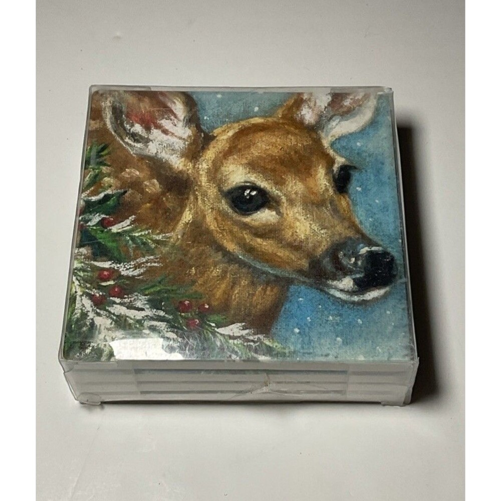 Robert Stanley 4" Ceramic Coasters Winter Deer Squirrel 4pcs